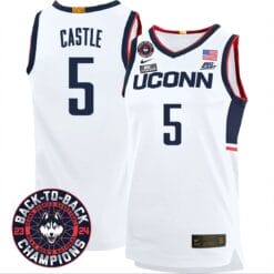 Stephon Castle Jersey #5 UConn Huskies Basketball 2024 Back To Back Champions Patch White Home