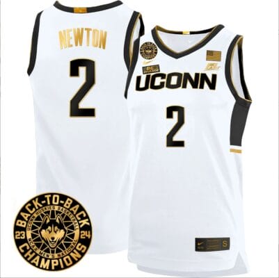 Tristen Newton Jersey #2 UConn Huskies Basketball 2024 Back To Back Champions Patch White Gold