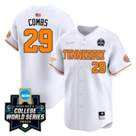 Aaron Combs Jersey #29 Tennessee Volunteers 2024 College World Series Patch Vapor Premier Limited NCAA Baseball Stitched White