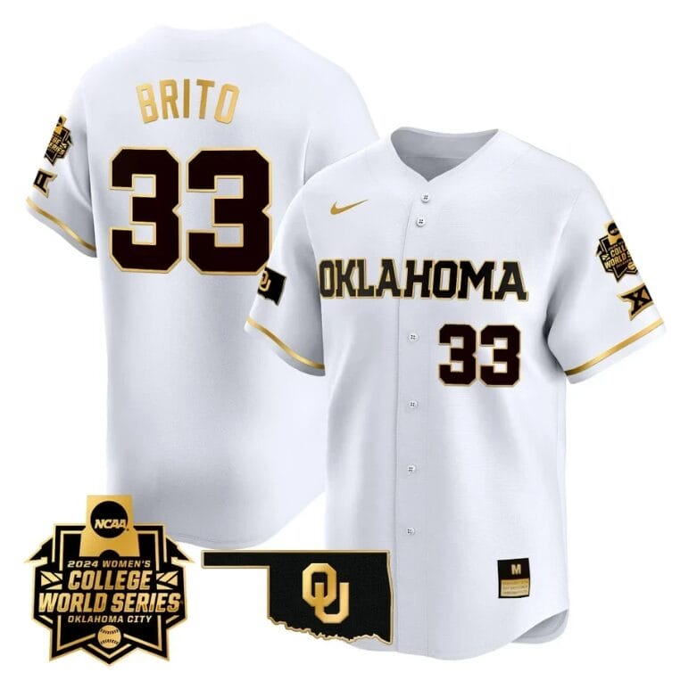 Alyssa Brito Jersey #33 Oklahoma Sooners 2024 College World Series Patch Vapor Premier Limited NCAA Baseball Stitched White Gold