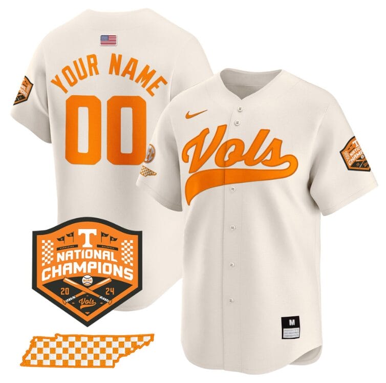Custom Tennessee Volunteers Baseball Jersey Name and Number 2024 Champions Vapor Premier Limited Cream