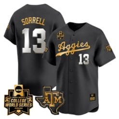 Caden Sorrell Jersey #13 Texas AM Aggies 2024 College World Series Vapor Premier Limited NCAA Baseball Stitched Black Gold