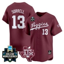 Caden Sorrell Jersey #13 Texas AM Aggies 2024 College World Series Vapor Premier Limited NCAA Baseball Stitched Maroon