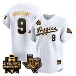 Gavin Grahovac Jersey #9 Texas AM Aggies 2024 College World Series Vapor Premier Limited NCAA Baseball Stitched White Gold
