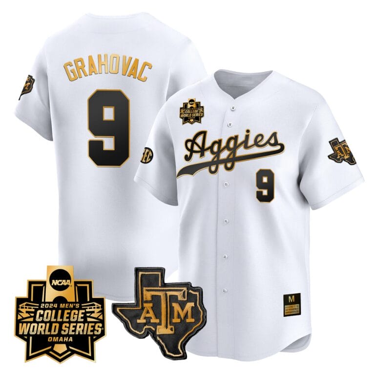Gavin Grahovac Jersey #9 Texas AM Aggies 2024 College World Series Vapor Premier Limited NCAA Baseball Stitched White Gold