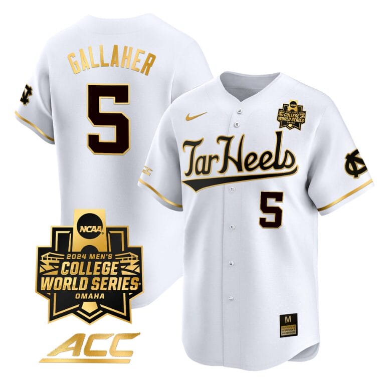 Gavin Gallaher Jersey #5 North Carolina Tar Heels 2024 College World Series Vapor Premier Limited NCAA Baseball Stitched White Gold