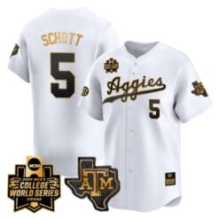 Hayden Schott Jersey #5 Texas AM Aggies 2024 College World Series Vapor Premier Limited NCAA Baseball Stitched White Gold