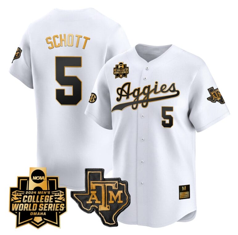 Hayden Schott Jersey #5 Texas AM Aggies 2024 College World Series Vapor Premier Limited NCAA Baseball Stitched White Gold