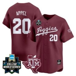 Jackson Appel Jersey #20 Texas AM Aggies 2024 College World Series Vapor Premier Limited NCAA Baseball Stitched Maroon