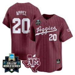 Jackson Appel Jersey #20 Texas AM Aggies 2024 College World Series Vapor Premier Limited NCAA Baseball Stitched Maroon Pinstripe