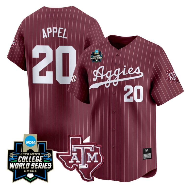 Jackson Appel Jersey #20 Texas AM Aggies 2024 College World Series Vapor Premier Limited NCAA Baseball Stitched Maroon Pinstripe