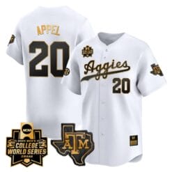 Jackson Appel Jersey #20 Texas AM Aggies 2024 College World Series Vapor Premier Limited NCAA Baseball Stitched White Gold