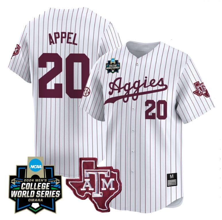 Jackson Appel Jersey #20 Texas AM Aggies 2024 College World Series Vapor Premier Limited NCAA Baseball Stitched White Pinstripe