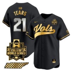 Kavares Tears Jersey #21 Tennessee Volunteers 2024 College World Series Vapor Premier Limited NCAA Baseball Stitched Black Gold
