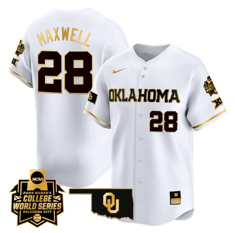 Kelly Maxwell Jersey #28 Oklahoma Sooners 2024 College World Series Patch Vapor Premier Limited NCAA Baseball Stitched White Gold