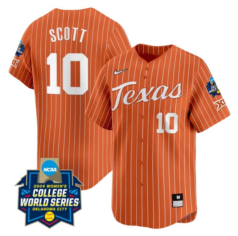 Mia Scott Jersey #10 Texas AM Aggies 2024 College World Series Patch Vapor Premier Limited NCAA Baseball Stitched Pinstripe Orange