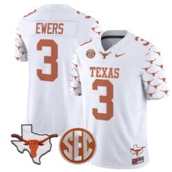 Quinn Ewers Jersey #3 Texas Longhorns State Map and Sec Patch Vapor Limited College Football Stitched White