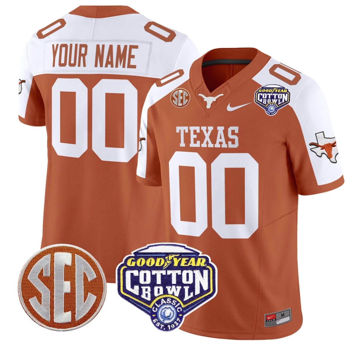 Custom Texas Longhorns Jersey Name, Number Cotton Bowl Patch Alternate Football - Image 2