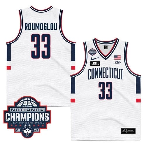 UConn Huskies #33 Apostolos Roumoglou Jersey 2024 National Champions Patch White