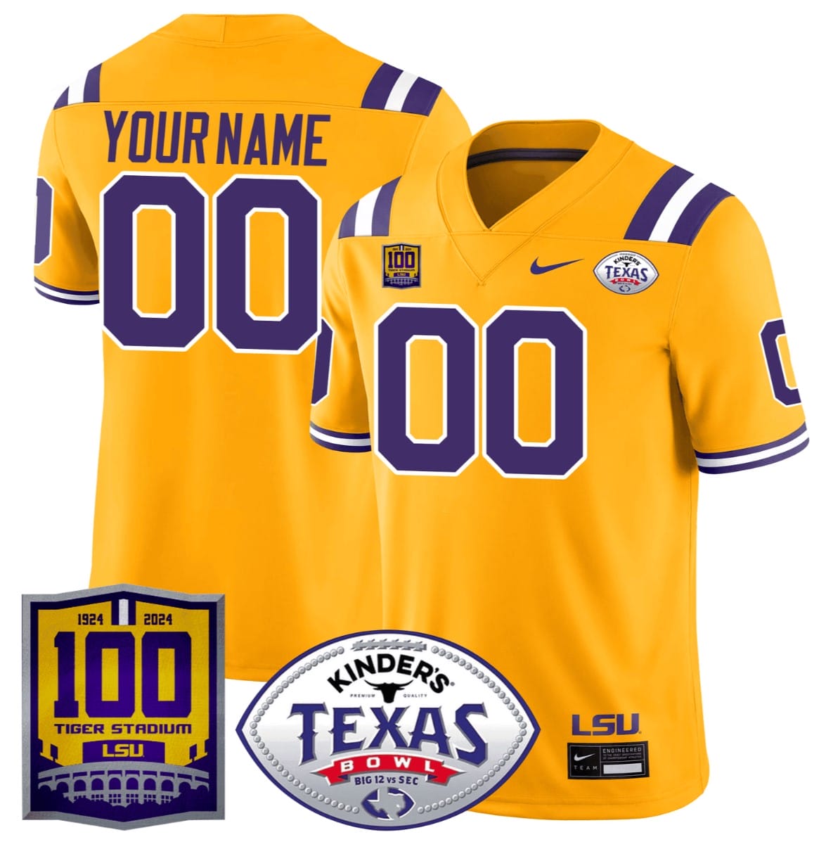 Custom LSU Tigers Jersey 100 Years of Tiger Stadium and Texas Bowl Patch Stitched Football