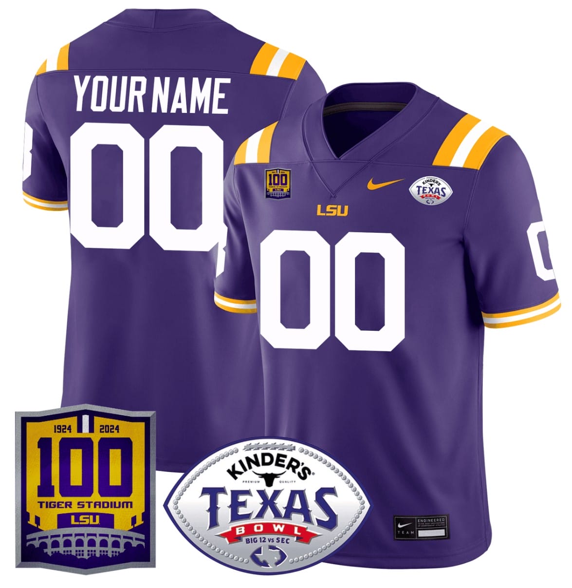 Custom LSU Tigers Jersey 100 Years of Tiger Stadium and Texas Bowl Patch Stitched Football - Image 3