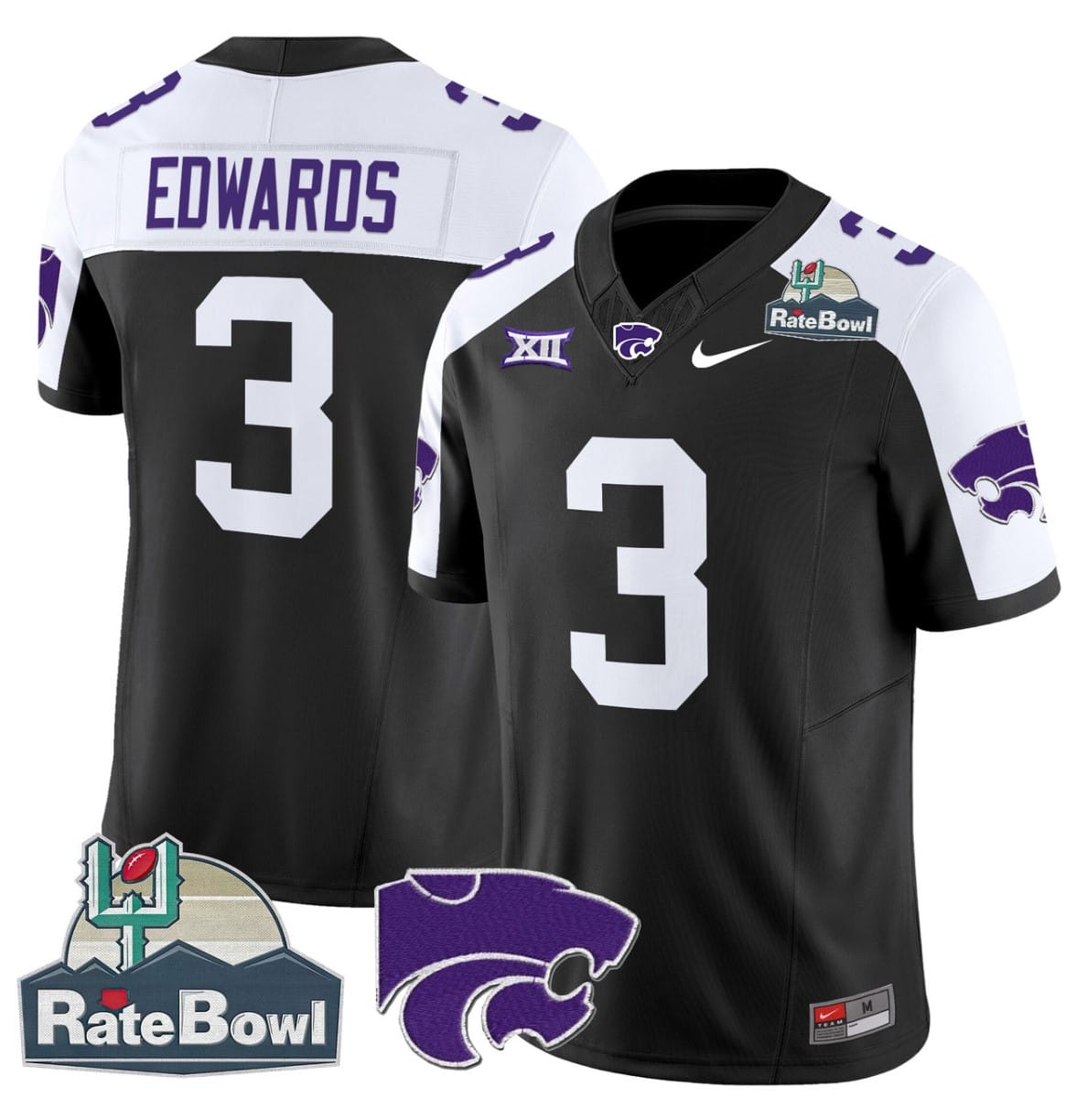 Dylan Edwards Jersey #3 Kansas State Wildcats 2025 Rate Bowl Patch Football Stitched