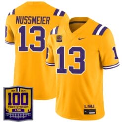 Garrett Nussmeier Jersey #13 LSU Tigers 100 Years of Tiger Stadium Patch White