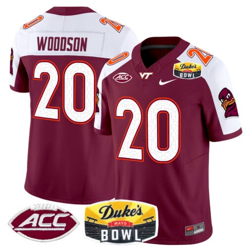 Caleb Woodson Jersey #20 Virginia Tech Hokies 2025 Duke’s Mayo Bowl Patch Vapor Stitched Football