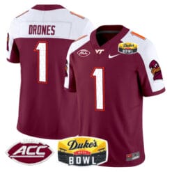 Kyron Drones Jersey #1 Virginia Tech Hokies 2025 Duke’s Mayo Bowl Patch Vapor Stitched Football