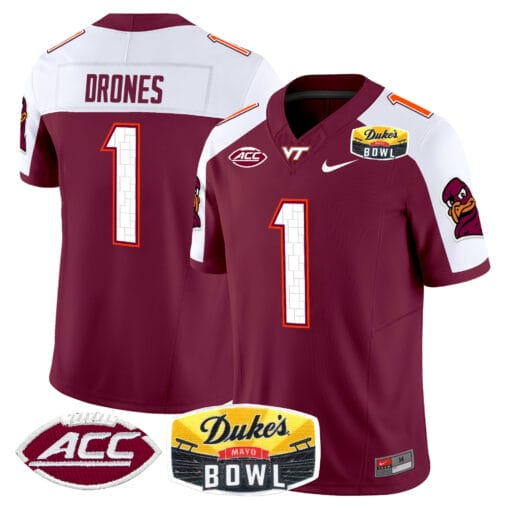 Kyron Drones Jersey #1 Virginia Tech Hokies 2025 Duke’s Mayo Bowl Patch Vapor Stitched Football