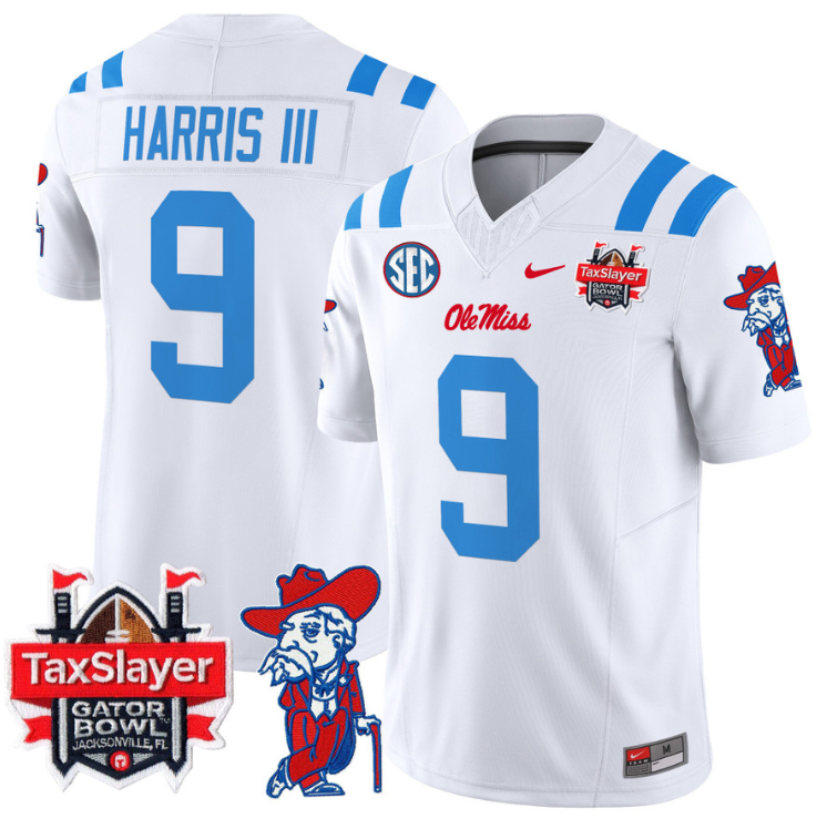 Tre Harris Jersey #9 Ole Miss Rebels 2025 Gator Bowl Patch Stitched Football
