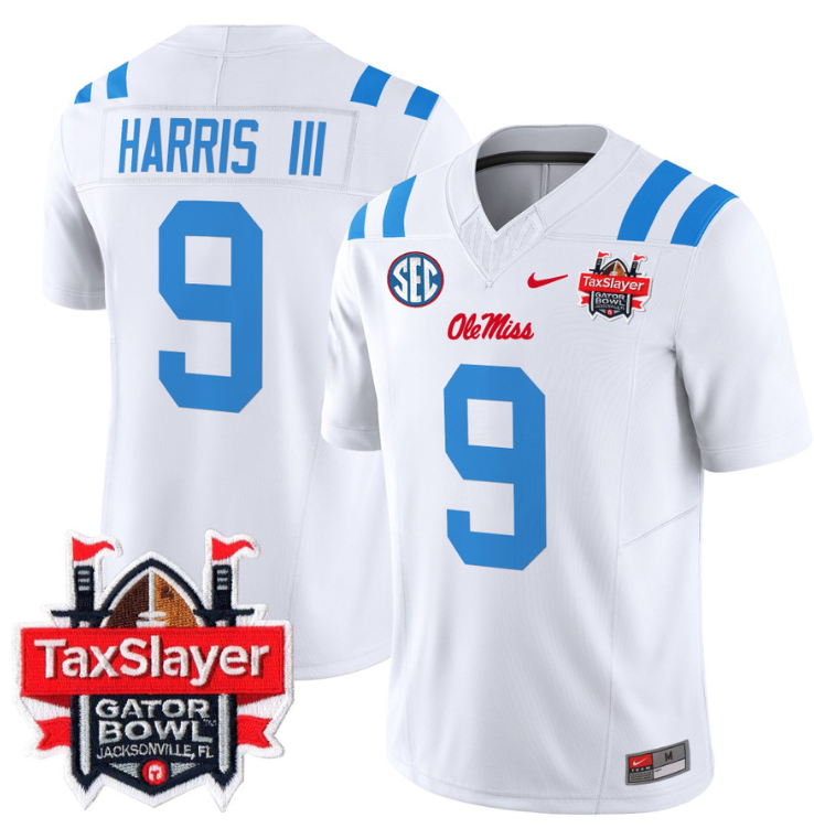 Tre Harris Jersey #9 Ole Miss Rebels 2024 Gator Bowl Patch Stitched Football