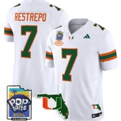 Alternative view of Xavier Restrepo Jersey #7 Miami Hurricanes 2025 PopTarts Bowl Patch Football Stitched