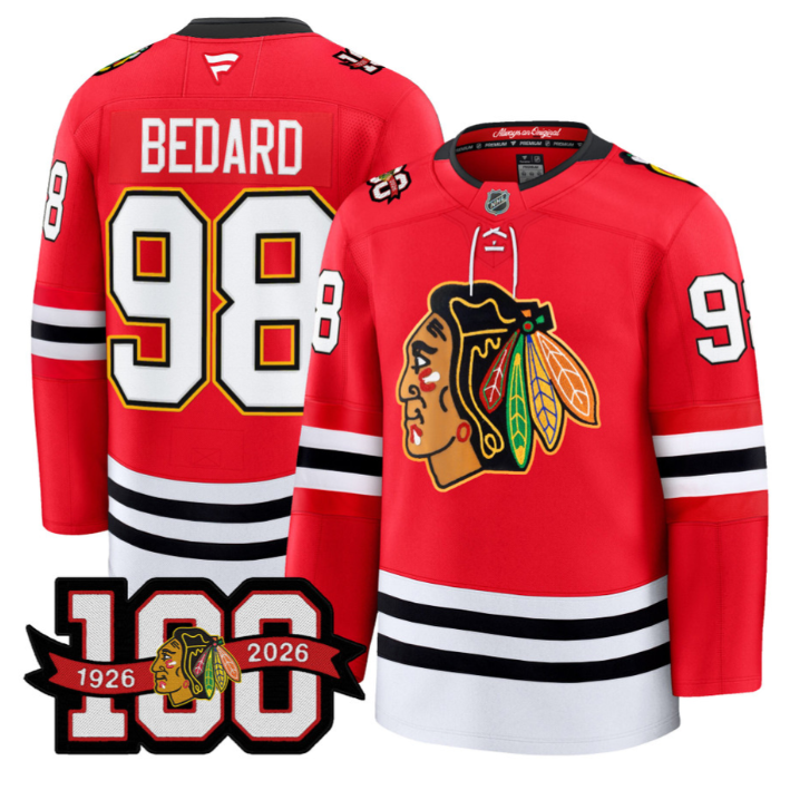Connor Bedard Jersey #98 Chicago Blackhawks 100th Anniversary All Stitched Hockey - Image 2