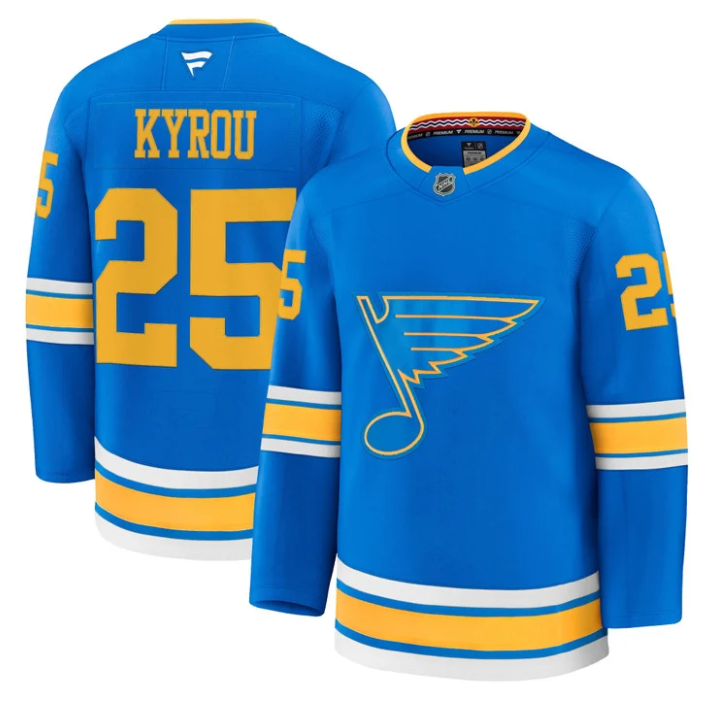 Jordan Kyrou Jersey #25 St. Louis Blues 2025-26 Premium All Stitched Hockey