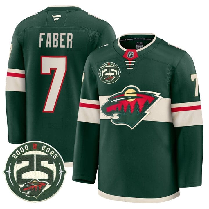 Alternative view of Brock Faber Jersey #7 Minnesota Wild 25th Anniversary Patch Stitched Green