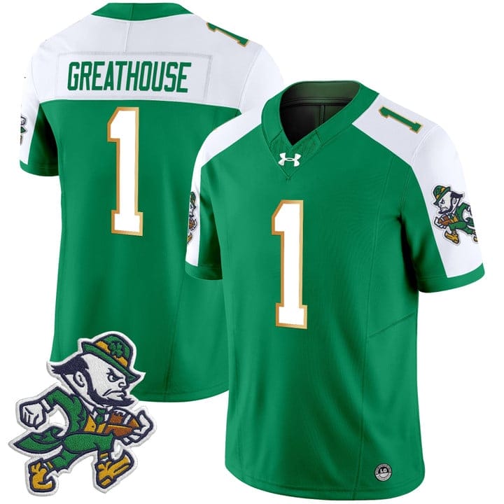 Alternative view of Jaden Greathouse Jersey #1 Notre Dame 2025 Gridiron Leprechaun Edition