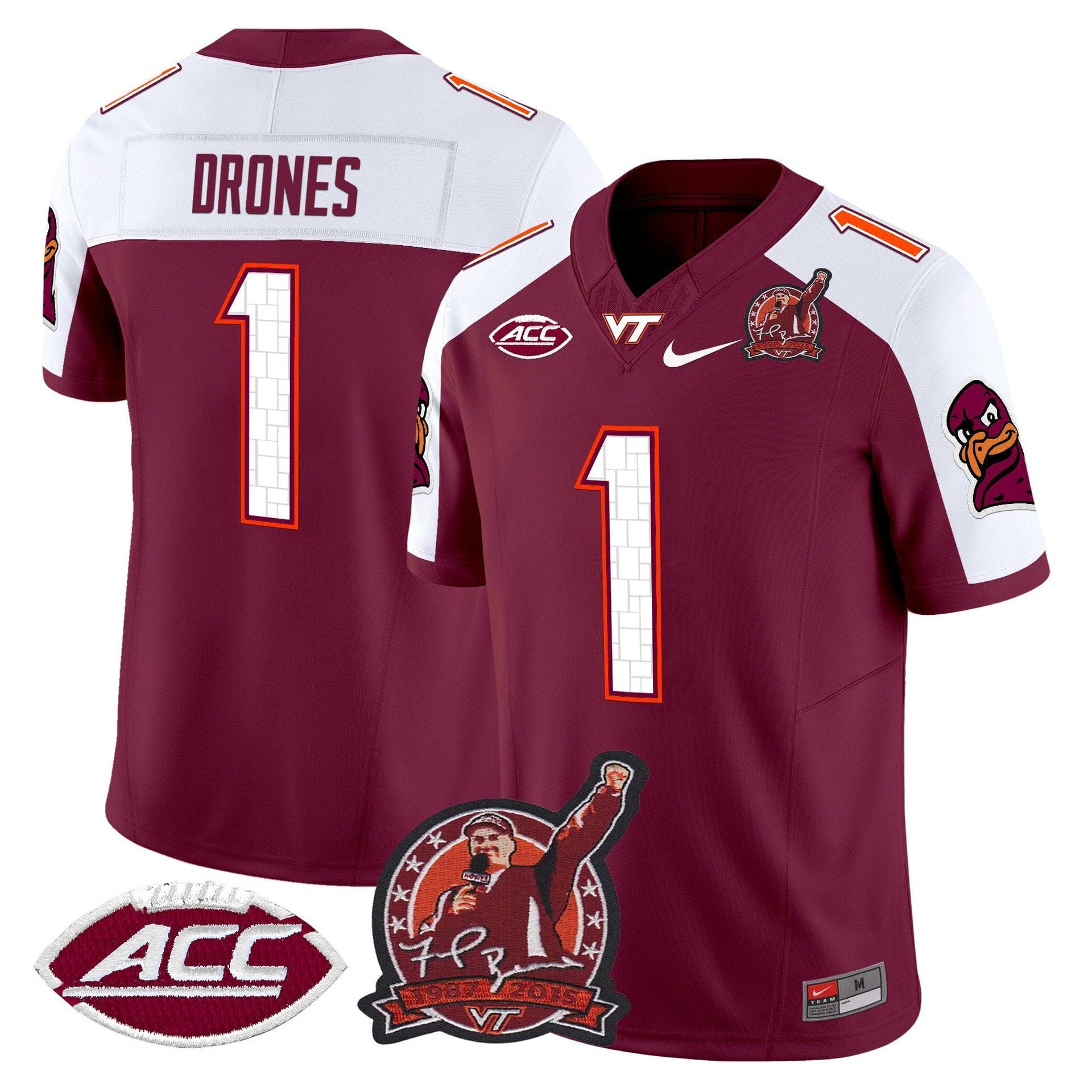 Alternative view of Kyron Drones Jersey #1 Virginia Tech Hokies Coach Frank Beamer 2025