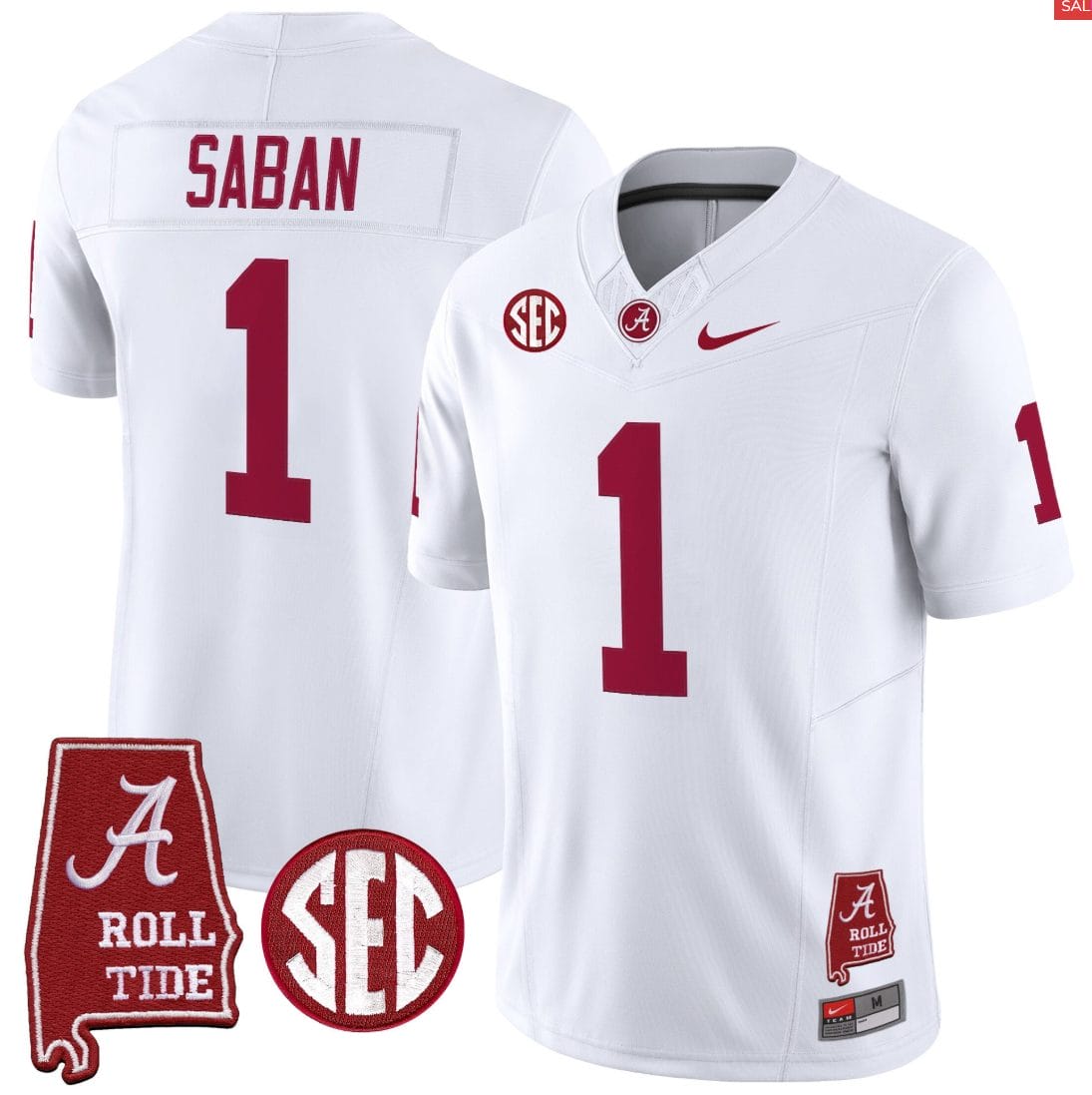 Alternative view of Nick Saban Jersey #1 Alabama Crimson Throwback Alabama Map Stitched