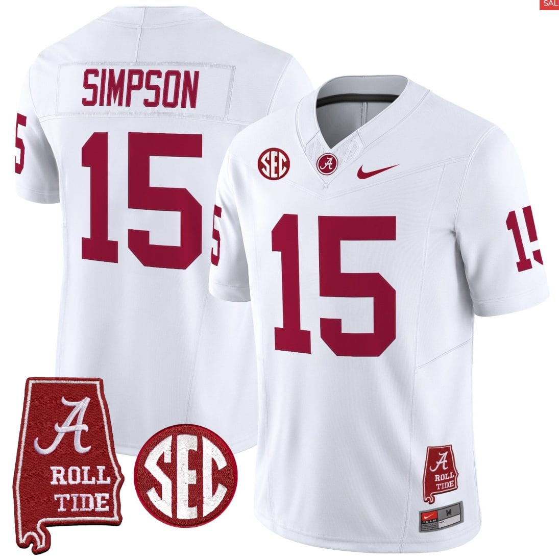 Alternative view of Ty Simpson Jersey #15 Alabama Crimson Throwback Alabama Map Stitched