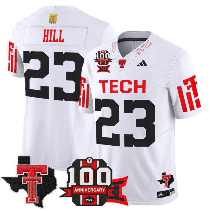 Alternative view of Adam Hill Jersey #23 Texas Tech 2025 100th Anniversary Patch Stitched