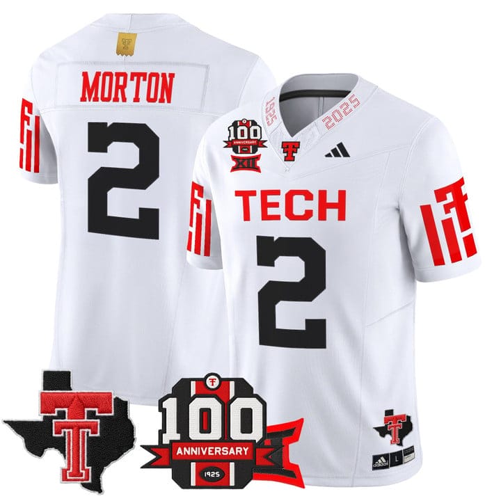 Alternative view of Behren Morton Jersey #2 Texas Tech 2025 100th Anniversary Patch Stitched