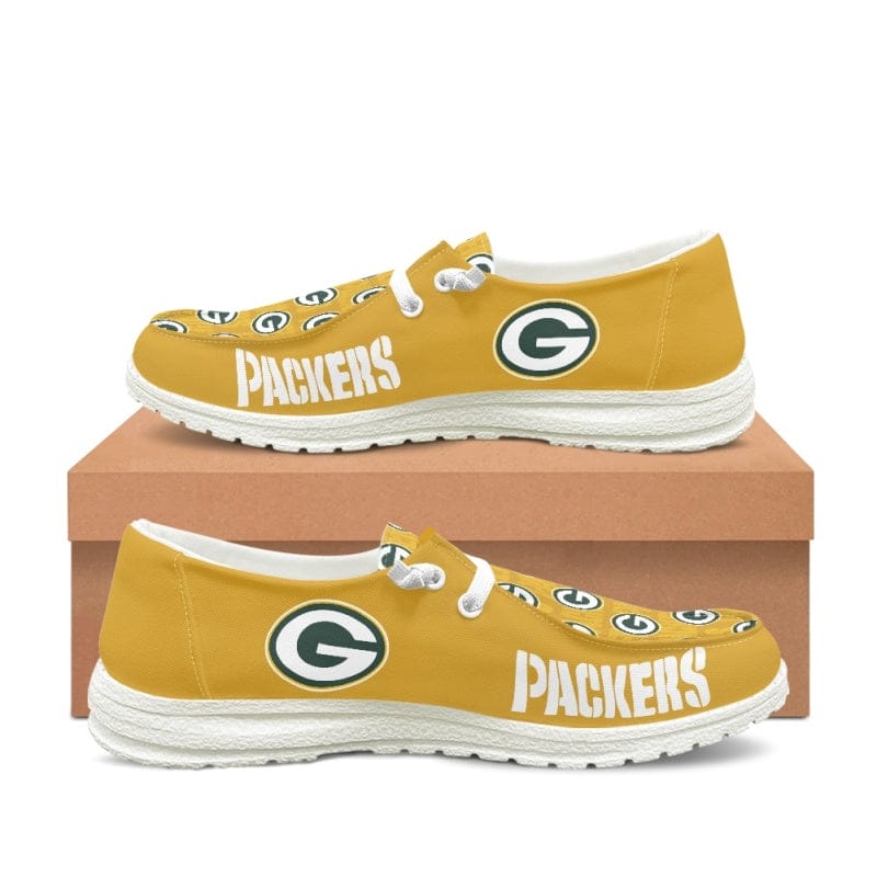 Green Bay Packers Yellow Team Name Logo Canvas Sneaker Shoes For Men Women Fans