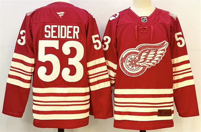 Men's Detroit Red Wings #53 Moritz Seider Jersey Red 2025-26 Centennial Premium Stitched