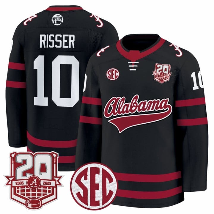 Trevor Risser Jersey #10 Alabama Crimson Tide 2025-26 Premium 20th Anniversary Patch Stitched