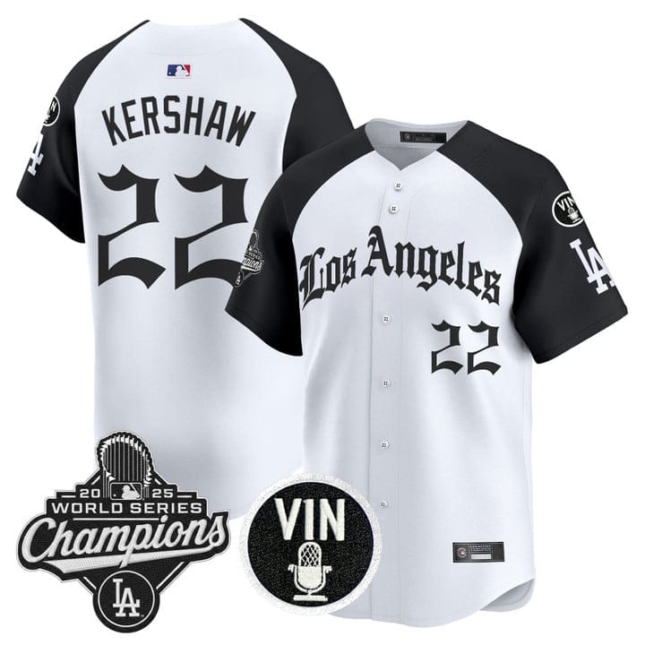 Clayton Kershaw Jersey #22 Dodgers 2025 World Series Champions LA Gothic