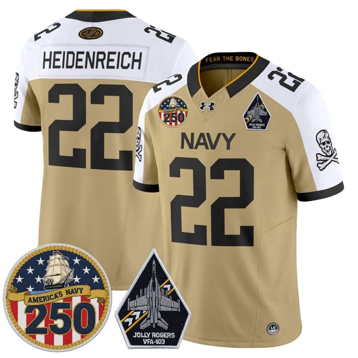 Alternative view of Eli Heidenreich Jersey #22 Navy Midshipmen Jolly Rogers 250th Patch Stitched