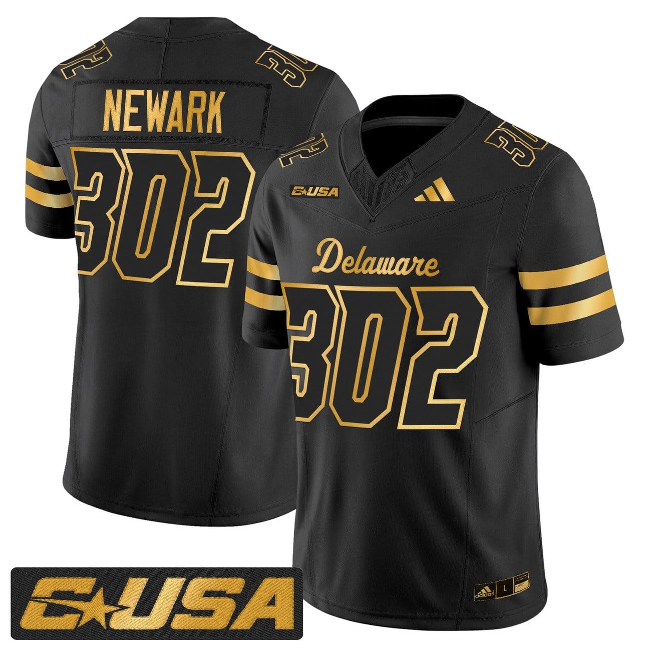 Alternative view of Newark Jersey #302 Delaware Blue Hens 2025 Gold Vapor Stitched