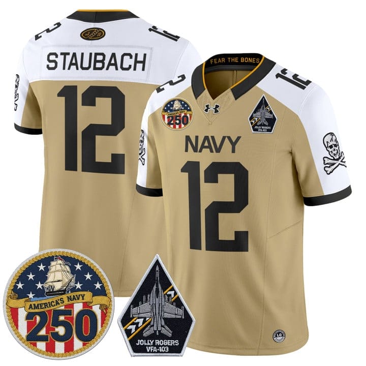 Alternative view of Roger Staubach Jersey #12 Navy Midshipmen Jolly Rogers 250th Patch Stitched