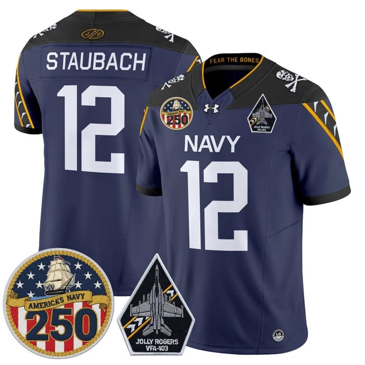 Roger Staubach Jersey #12 Navy Midshipmen Jolly Rogers 250th Patch Stitched - Image 4